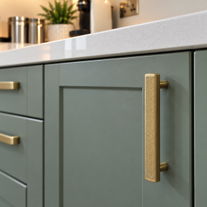 Restyle My Kitchen Sage Cabinetry and Textured Brass Handle