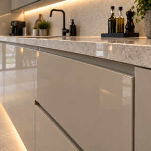 Restyle my kitchen Glossy Greige Kitchen Cabinet Detail