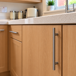 Restyle my kitchen Long Brushed Steel Handle on Oak Cabinet